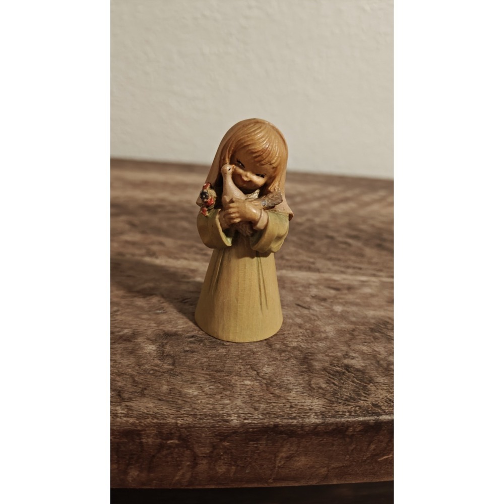 Anri Carved Wood Figurine Child GIRL with DOVE